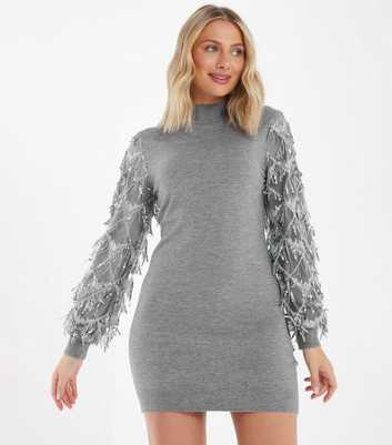 QUIZ Pale Grey Sequin Tassel Mini Jumper Dress