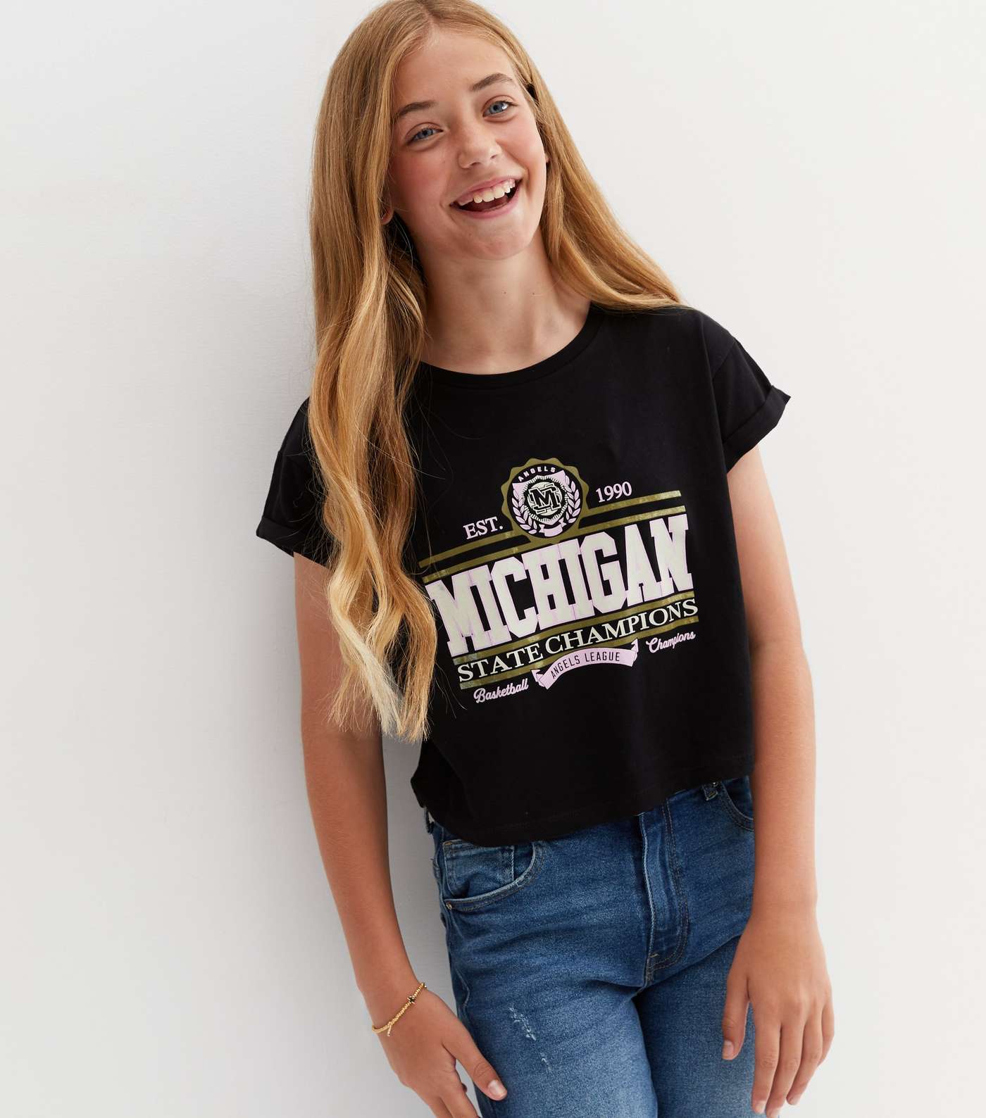 Girls Black Michigan Metallic Logo T-Shirt Image 3