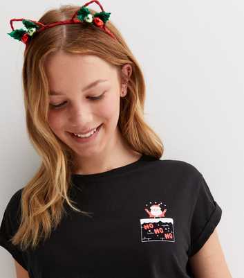 Girls Black Pocket Logo Christmas Chimney Santa T-Shirt