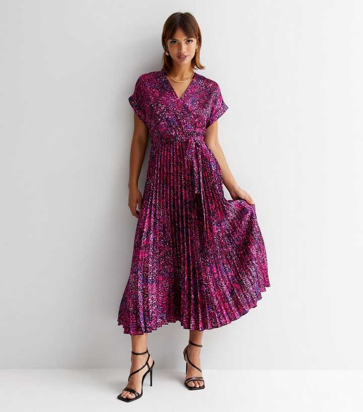 Pink Mark Making Satin Pleated Midi Wrap Dress