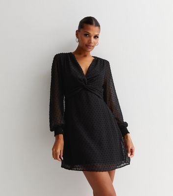 Black Spot Chiffon Long Puff Sleeve Twist Front Mini Dress