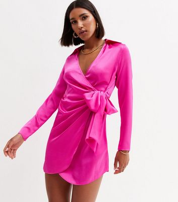 Bright Pink Satin Collared Long Sleeve Mini Wrap Dress