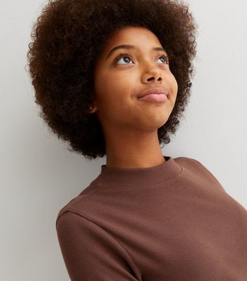 Girls Dark Brown Ribbed High Neck Dress New Look