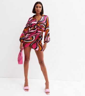 Pink Swirl Satin Tie Side Mini Wrap Shirt Dress