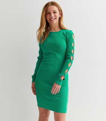 Girls Green Ribbed Cut Out Sleeve Dress