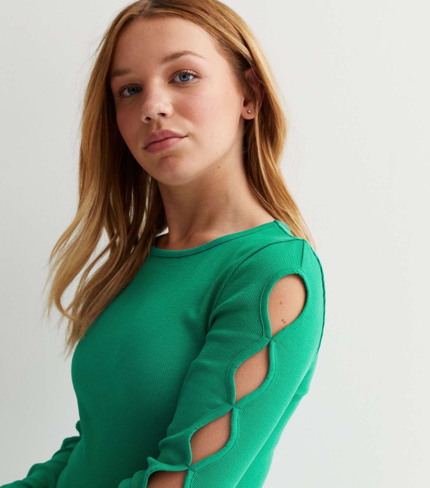 Girls Green Ribbed Cut Out Sleeve Dress Image 3