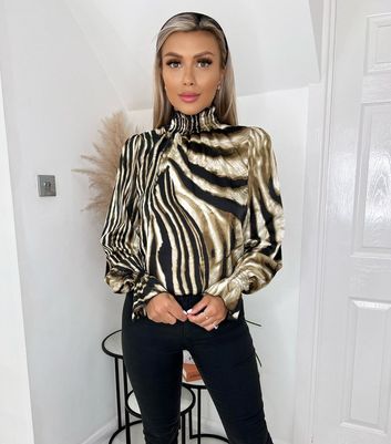 Animal print high outlet neck blouse