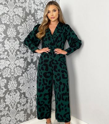 green printed button up jumpsuit