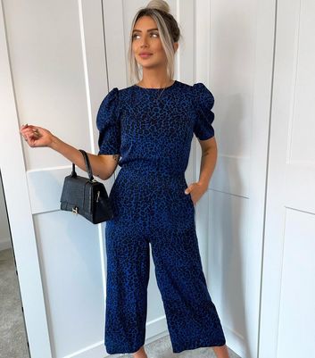 AX Paris Blue Leopard Print Short Puff Sleeve Wide Leg Jumpsuit