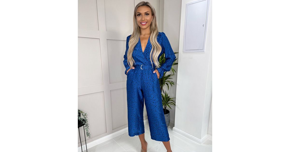 AX Paris Blue Spot Belted Wide Leg Crop Wrap Jumpsuit New Look