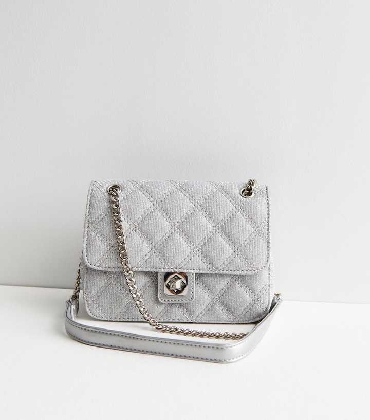 Silver Glitter Quilted Chain Cross Body Bag