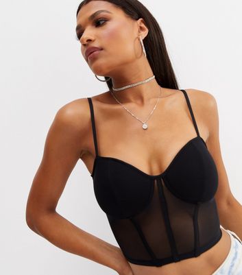 Black Mesh Strappy Corset Crop Bralette New Look