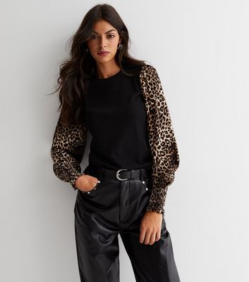 Black Leopard Print 2-in-1 Long Puff Sleeve Top