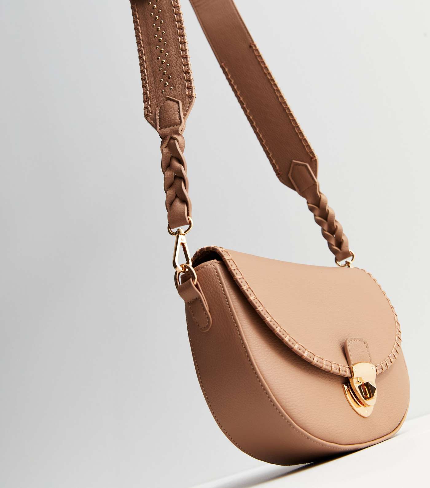 Camel Leather-Look Twist Lock Saddle Bag Image 2