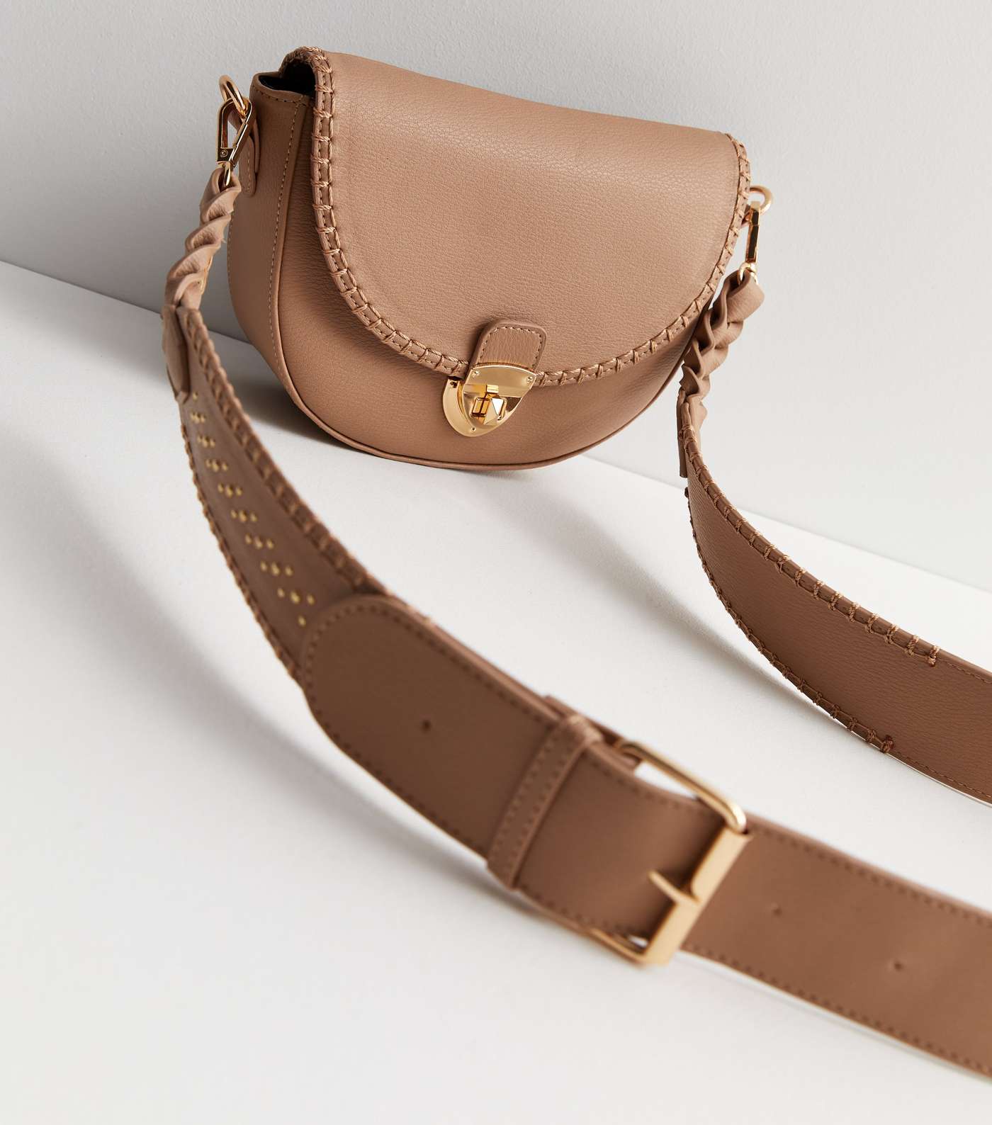 Camel Leather-Look Twist Lock Saddle Bag Image 4