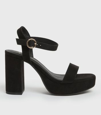 Wide Fit Black Suedette Platform Block Heel Sandals New Look