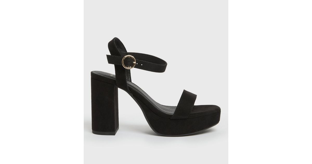 Wide Fit Black Suedette Platform Block Heel Sandals | New Look