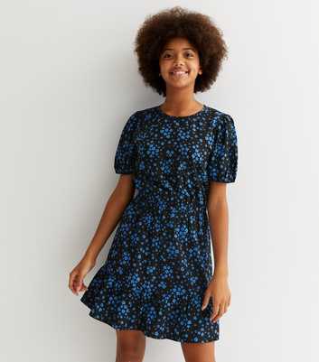 Girls Black Ditsy Floral Tiered Dress