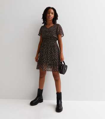 Girls Black Floral Chiffon Short Sleeve Shirred Waist Mini Dress