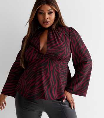 Curves Red Tiger Print Cut Out High Neck Kimono Sleeve Blouse