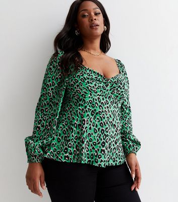 New Look Women's Plus Size Green Leopard Print Twist Front Peplum Blouse Curves - UK 26