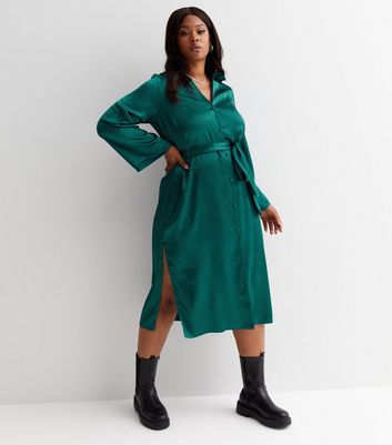 Curves Dark Green Satin Belted Split Hem Midi Shirt Dress | New Look