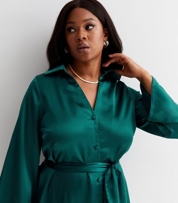 Curves Dark Green Satin Belted Split Hem Midi Shirt Dress | New Look