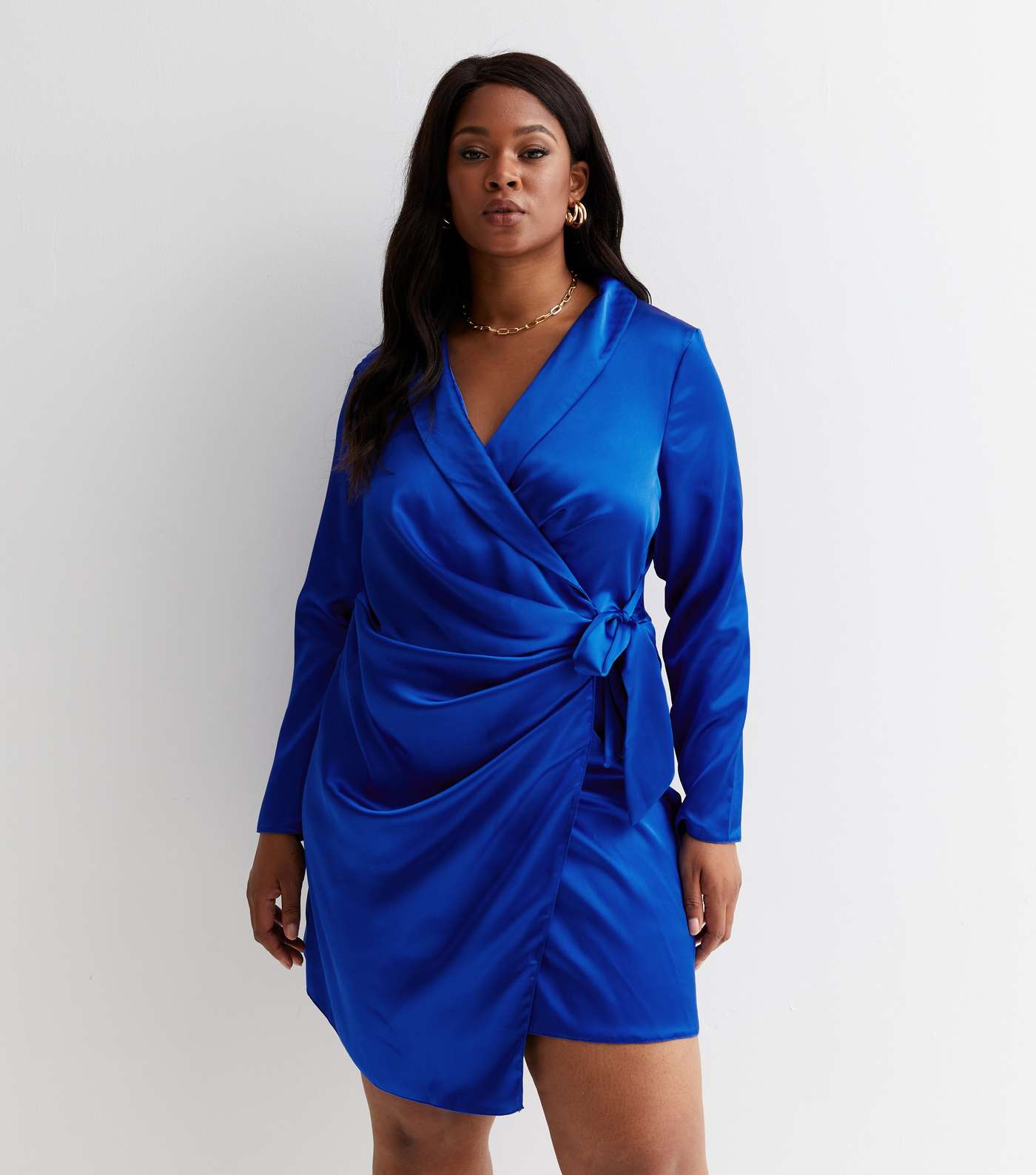 Curves Bright Blue Satin Shawl Collar Mini Wrap Dress Image 2