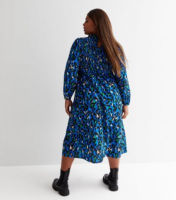 Curves Blue Leopard Print V Neck Shirred Midi Wrap Dress