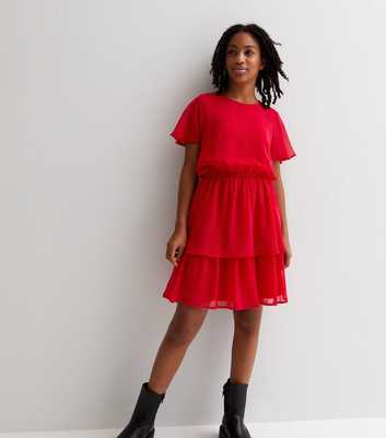 Girls Red Chiffon Short Sleeve Tiered Hem Dress