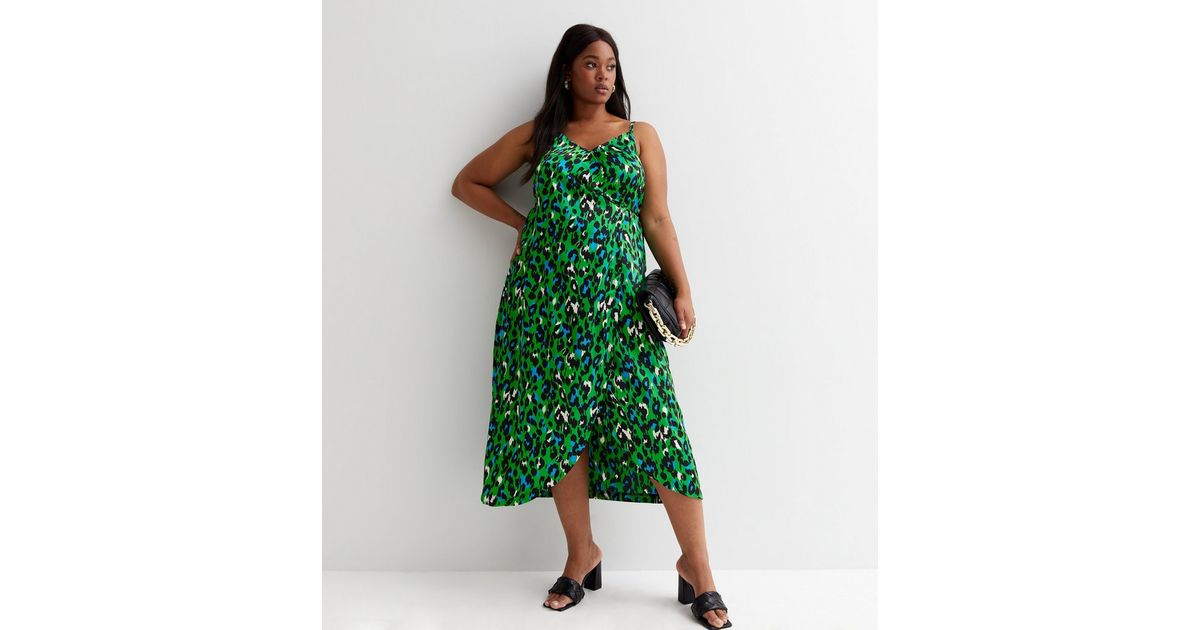 Curves Green Animal Print Satin Midi Wrap Dress New Look