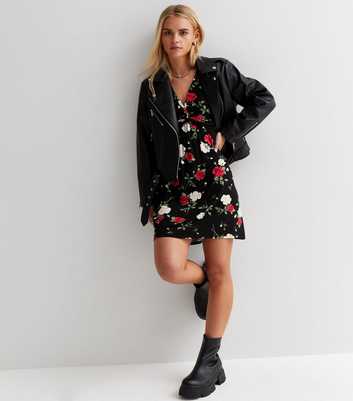 Petite Black Floral V Neck Twist Front Mini Dress