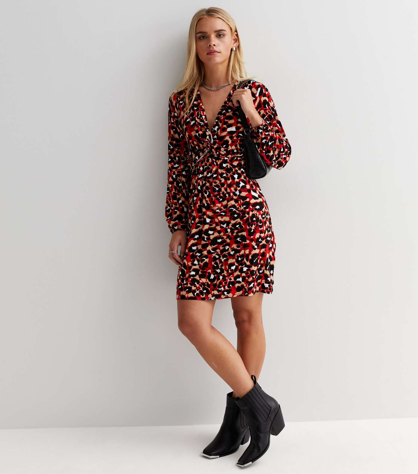 Petite Red Leopard Print V Neck Twist Front Mini Dress