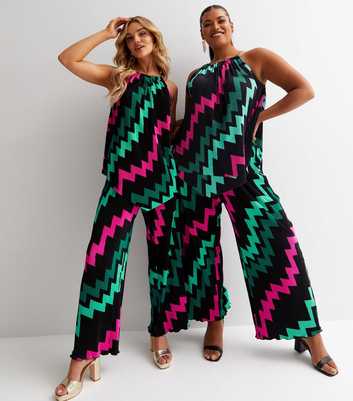 Print It Out Black Plissé Zig Zag Wide Leg Trousers