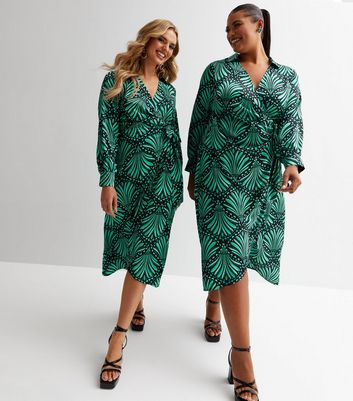 Fan Girl Green Fan Print Satin Collar Midi Wrap Dress