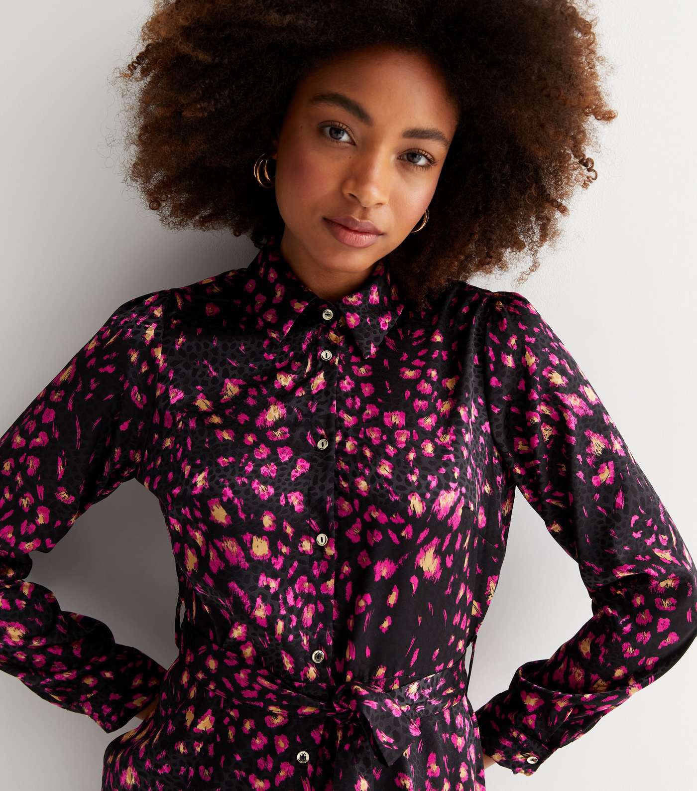 Pink Animal Print Jacquard Midi Shirt Dress Image 2