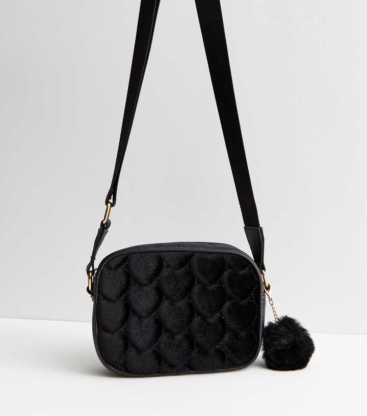 Girls Black Velvet Heart Cross Body Bag