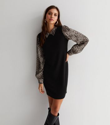 Black Animal Print 2-in-1 Collared Long Sleeve Mini Dress