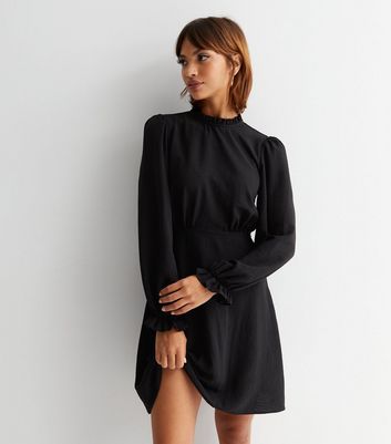 Black High Neck Long Puff Sleeve Mini Dress | New Look