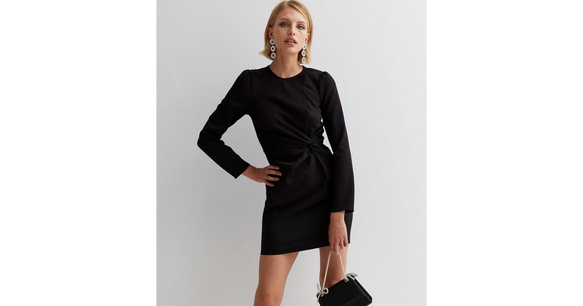 Black Crew Neck Twist Front Mini Dress | New Look