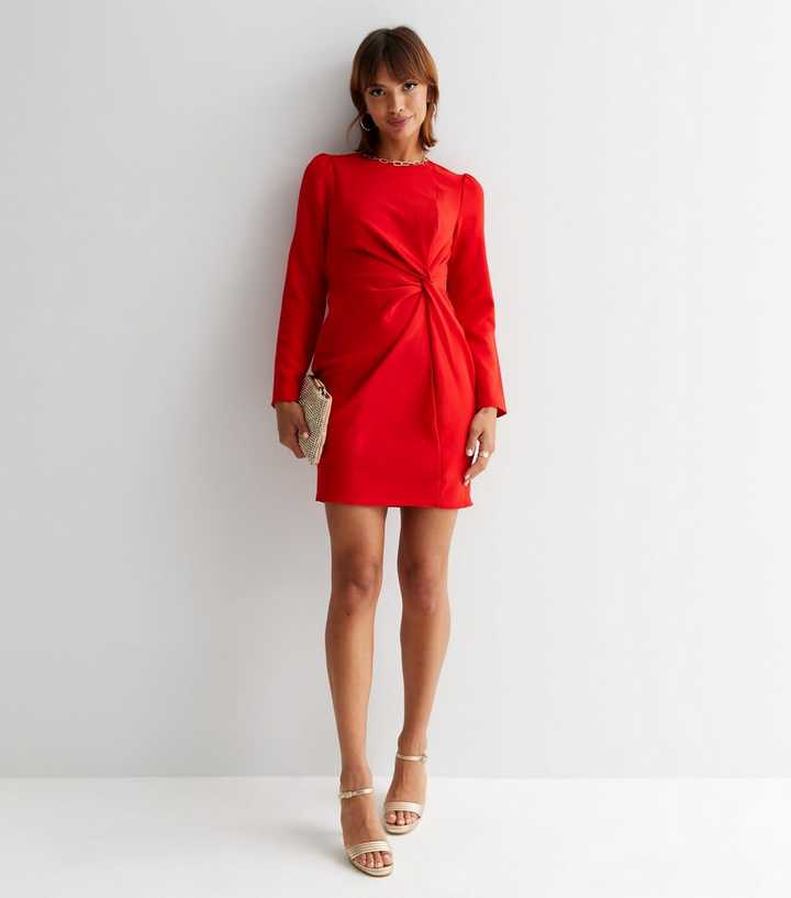 Red Crew Neck Twist Front Mini Dress