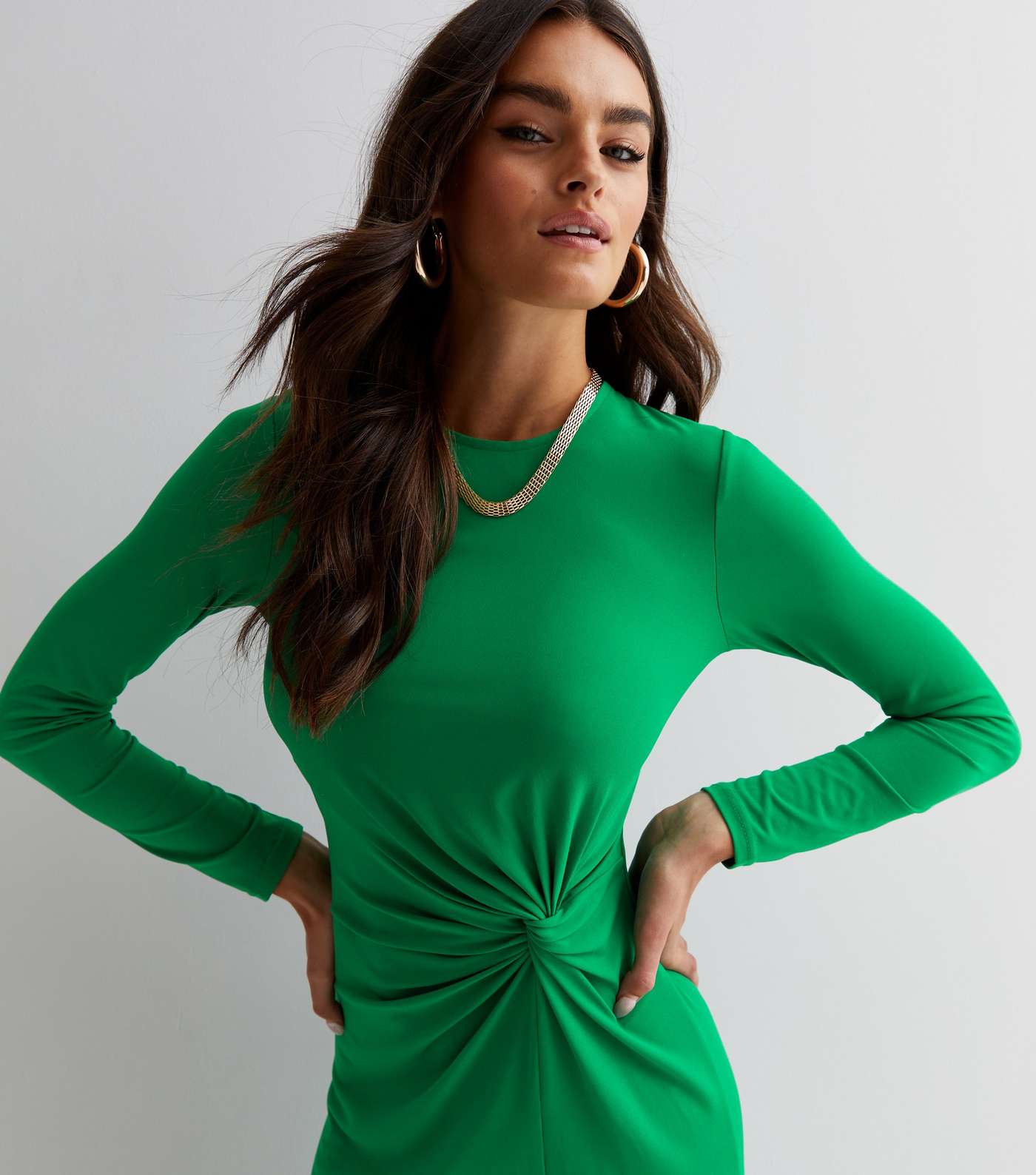 Dark Green Jersey Twist Long Sleeve Midi Dress Image 2