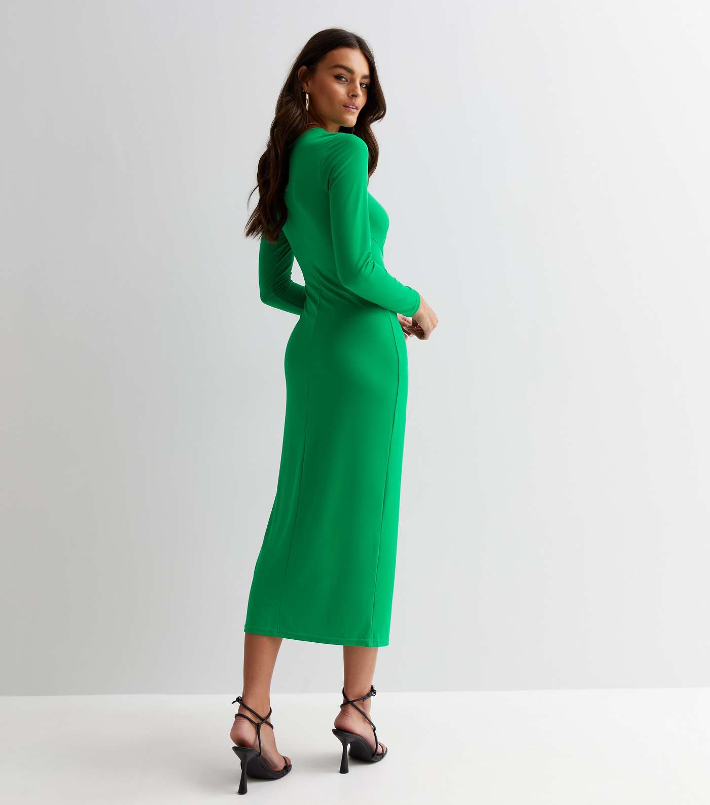Dark Green Jersey Twist Long Sleeve Midi Dress Image 4