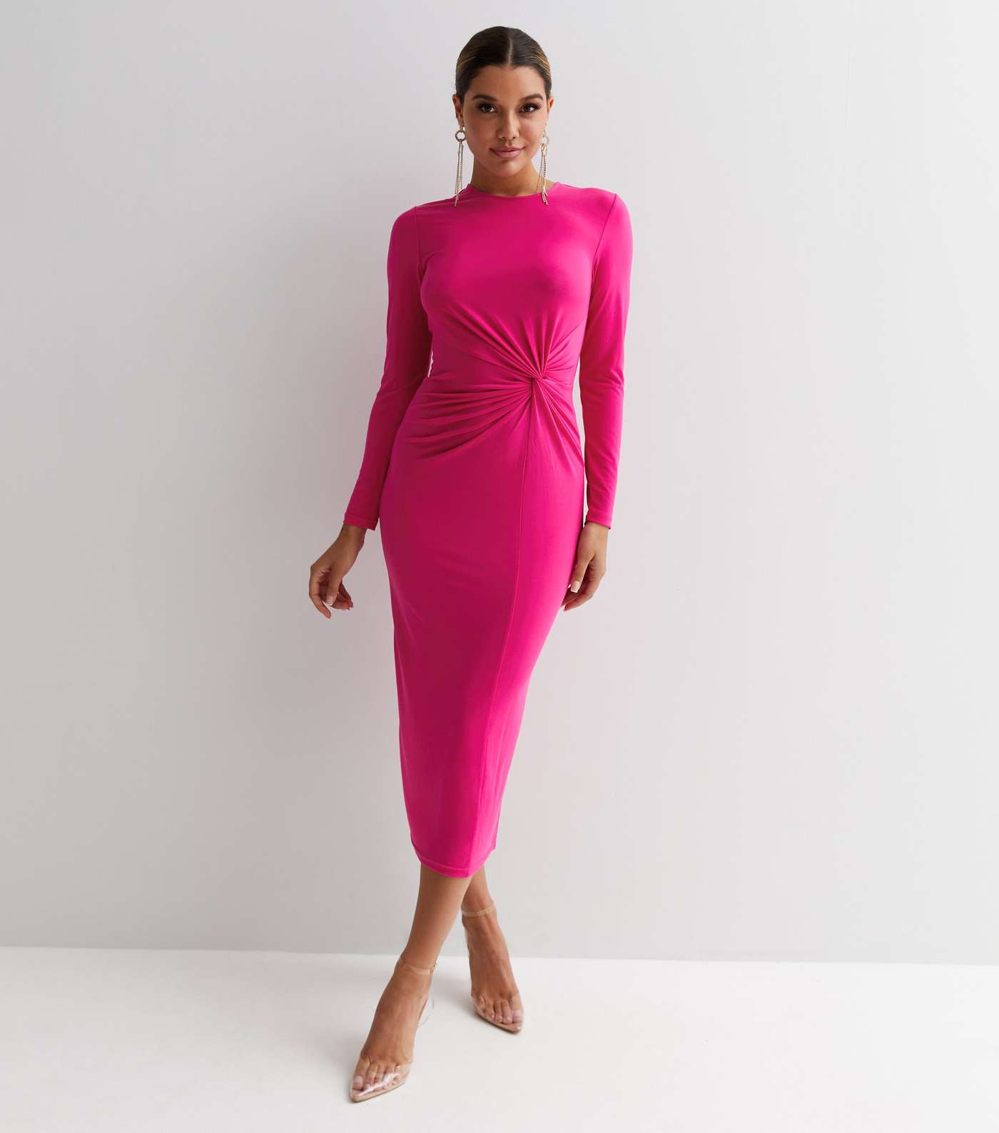 Bright Pink Jersey Twist Long Sleeve Midi Dress
