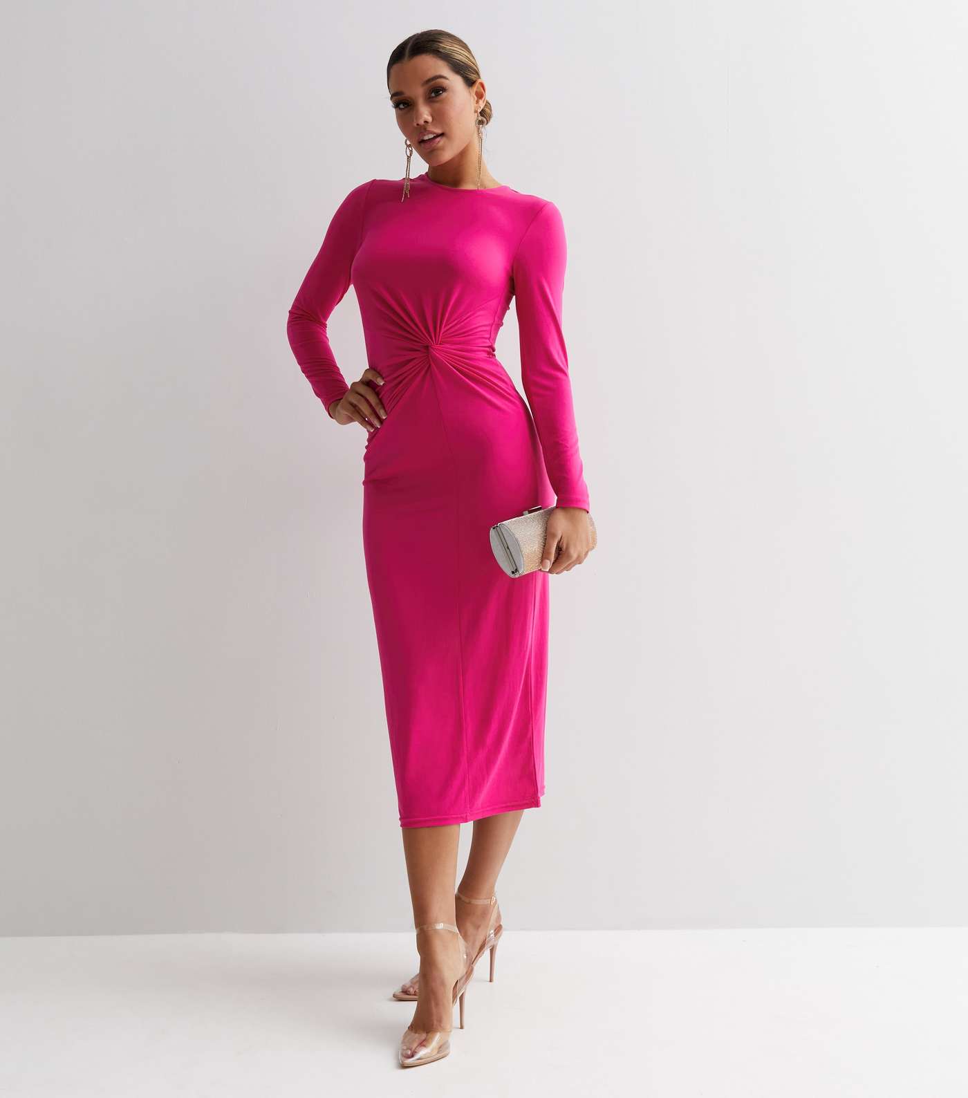 Bright Pink Jersey Twist Long Sleeve Midi Dress Image 3