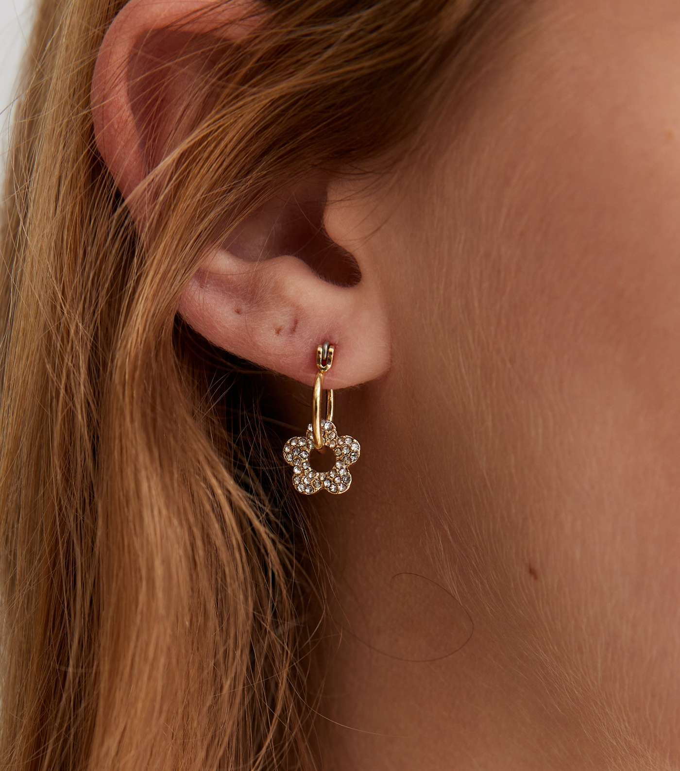 Gold Diamanté Flower Charm Huggie Hoop Earrings Image 2