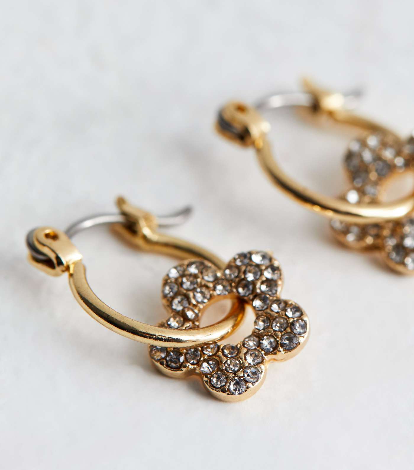 Gold Diamanté Flower Charm Huggie Hoop Earrings Image 4
