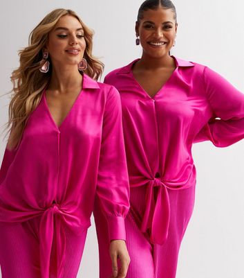 Own the Night Bright Pink Satin Tie Front Shirt | New Look