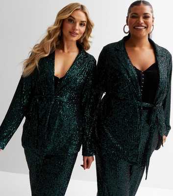Time to Shine Dark Green Sequin Belted Blazer