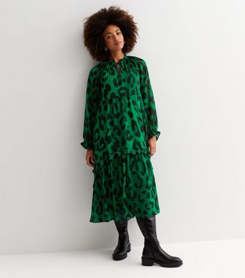 Green Animal Print Tie Collar Long Sleeve Chiffon Midi Dress